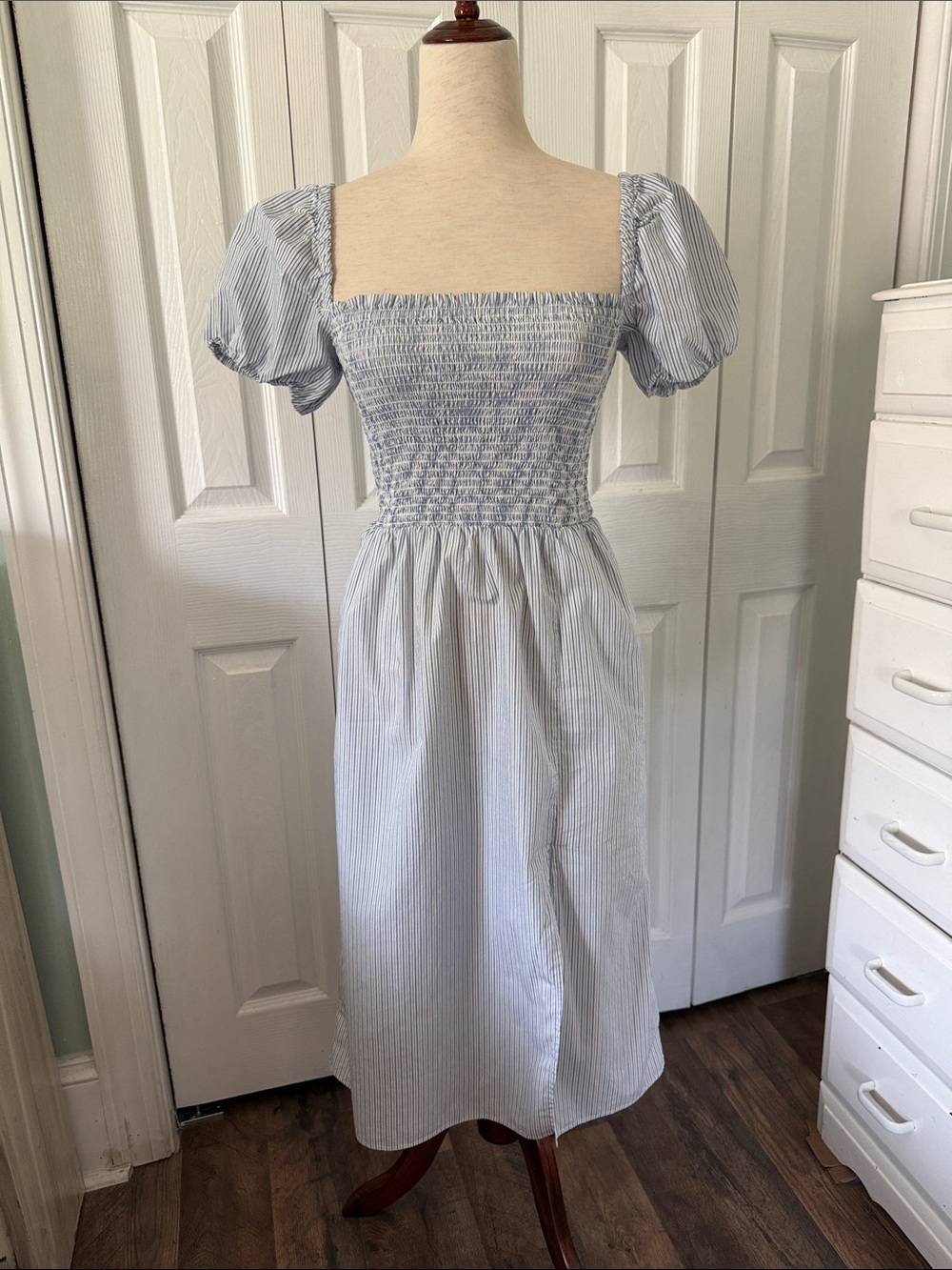 J. Crew Cotton Light Blue and White Striped Smocked Midi Dress Sz XS